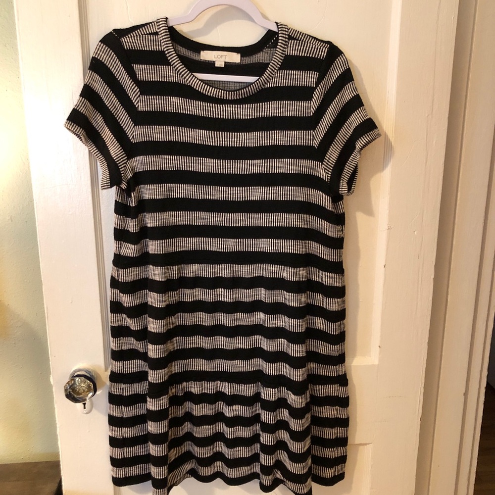 LOFT Black and White Striped tiered swing dress